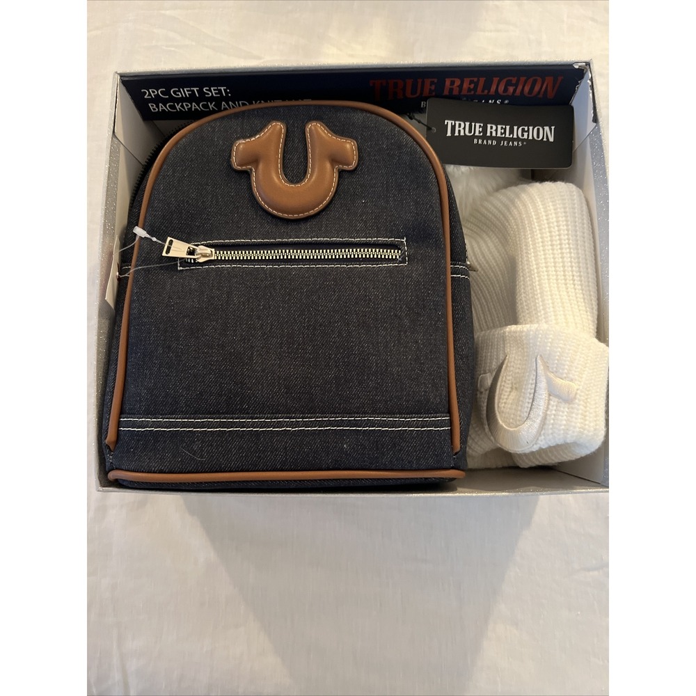 True Religion Denim Jeans Backpack And Pom Pom Hat Gift Set New In Box